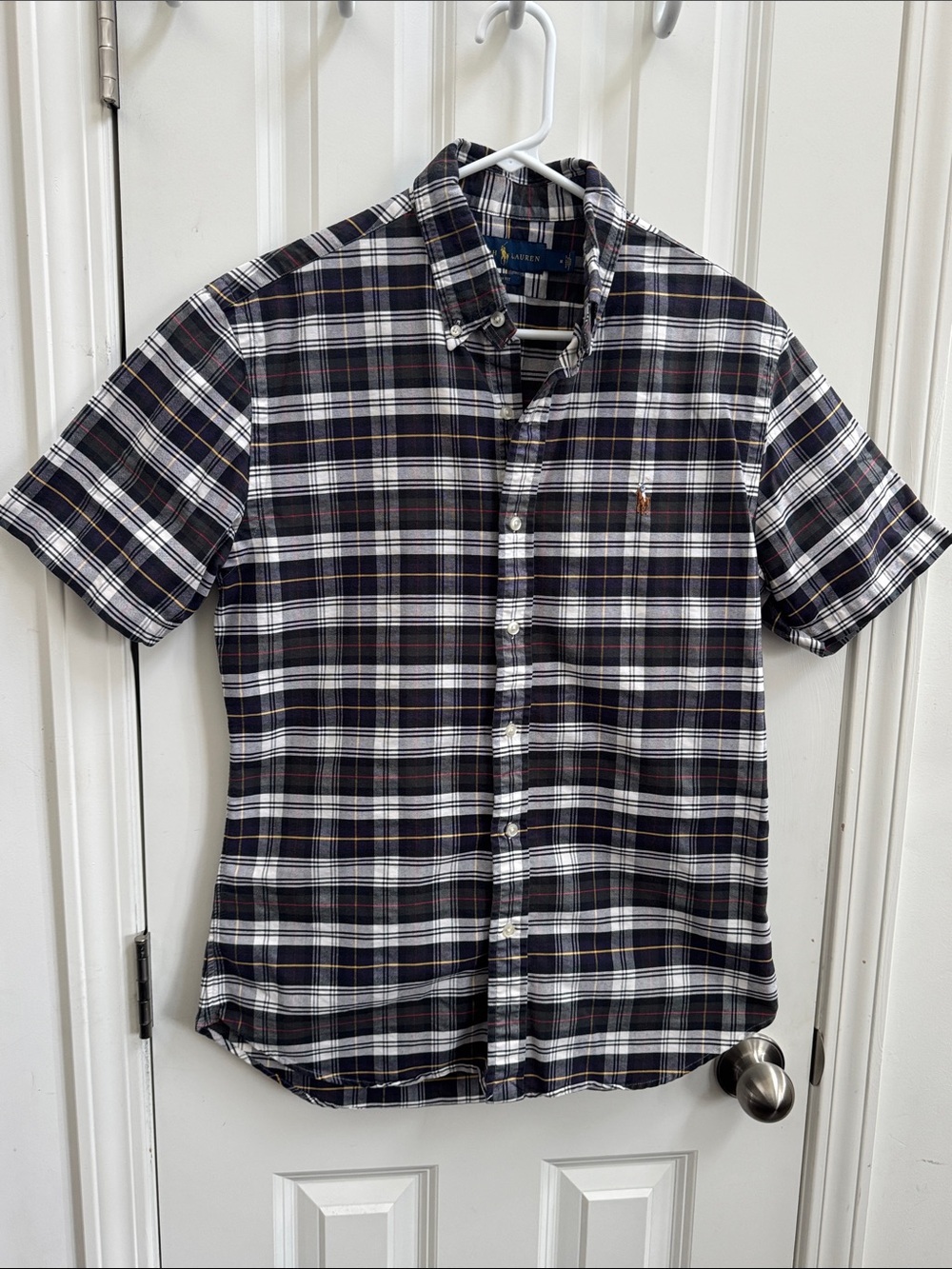 Ralph Lauren Navy and White Plaid Short-Sleeve Button-Down Shirt, Slim Fit